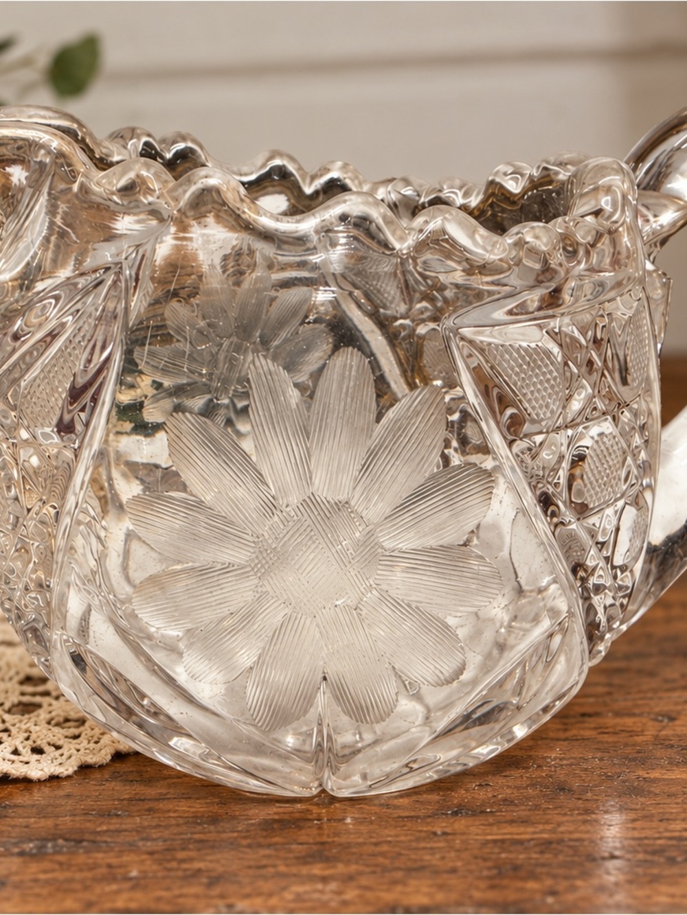 Vintage Pressed Glass Creamer Daisy Floral Ruffled Rim Starburst Heavy Glass